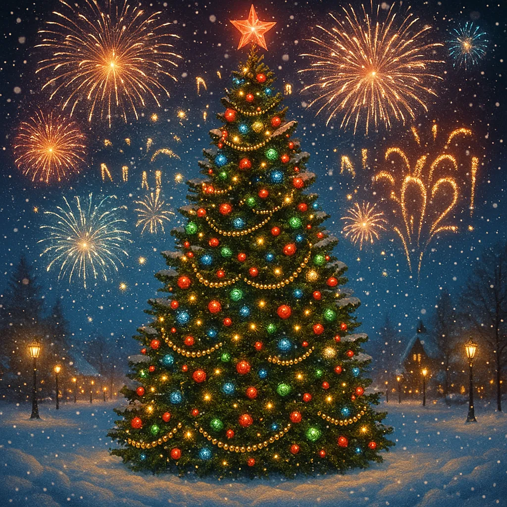 Enjoy an online jigsaw puzzle designed for browser play, featuring a festive holiday scene centered on a brightly decorated Christmas tree beneath a sky of spar