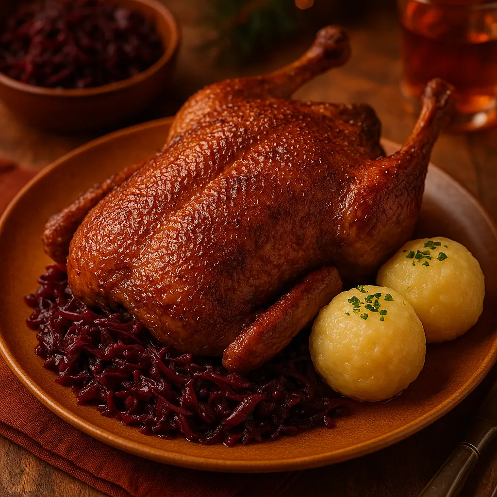 Enjoy assembling a puzzle depicting a golden roasted duck served on a rustic plate with glossy, deep-red braised cabbage and two soft, buttery potato dumplings.