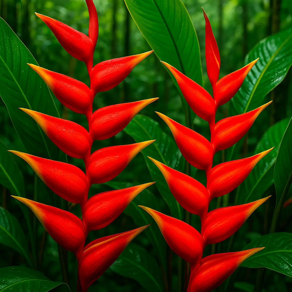 Discover a puzzle with striking red heliconia blooms rising in two symmetrical stalks against a deep, leafy green rainforest backdrop.