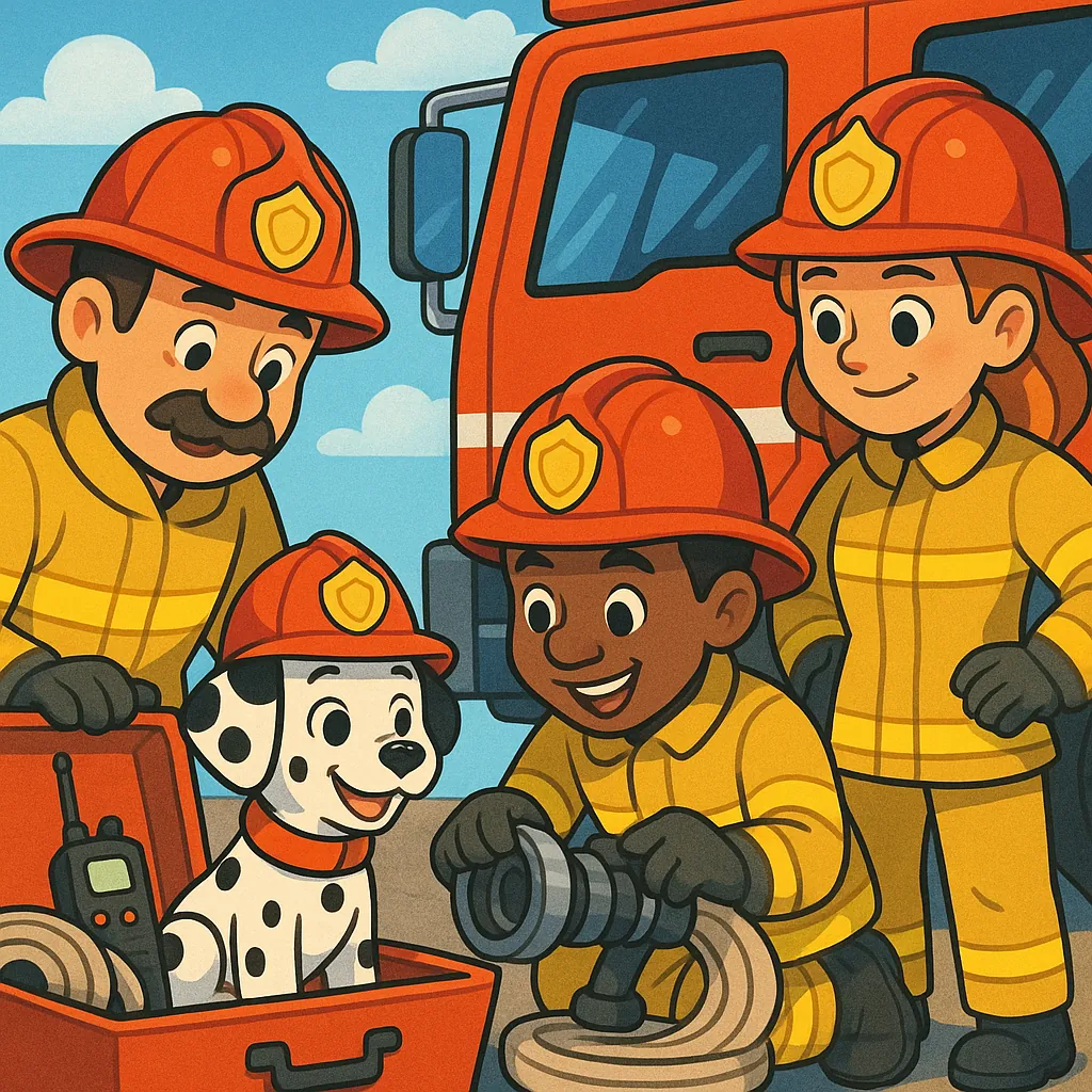 Enjoy an online jigsaw puzzle designed for browser play, featuring a cheerful firefighting scene with brave helpers and a friendly Dalmatian.