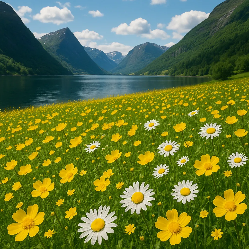 Discover a puzzle with a sunlit meadow of golden buttercups and white daisies stretching down to a calm blue fjord framed by lush green mountains and a soft, cl