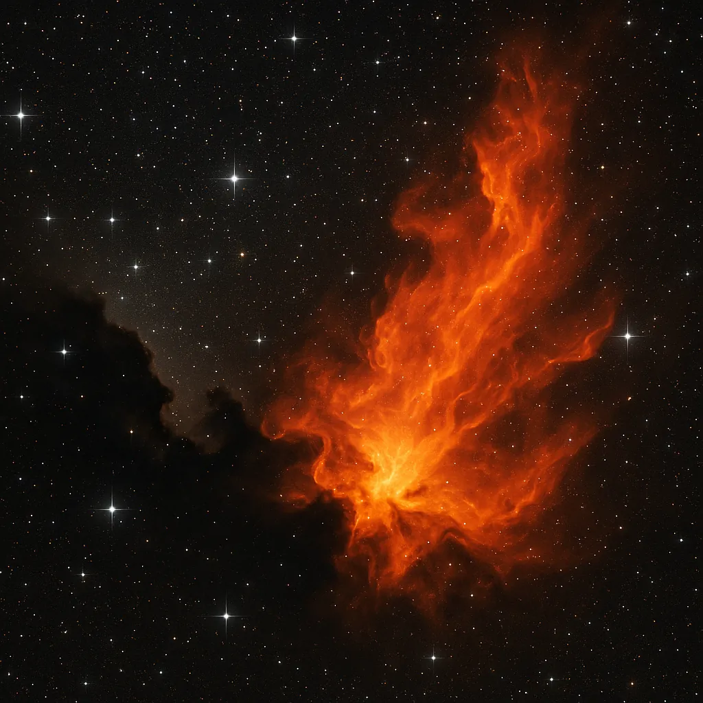 Discover a puzzle with a vivid cosmic scene: a fiery orange nebula billows like a celestial flame against a backdrop of deep black space speckled with twinkling