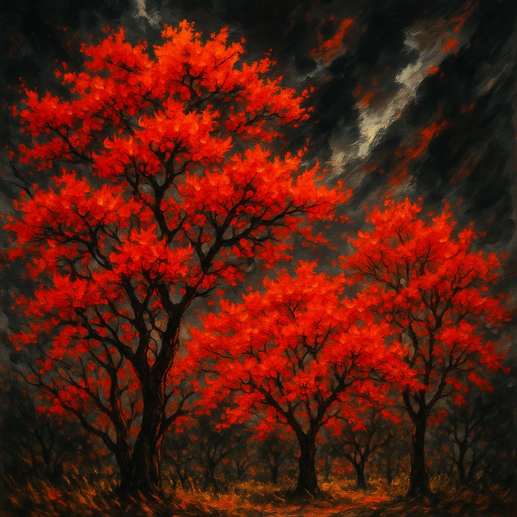 Discover a puzzle with a dramatic autumn forest scene where three majestic trees burst with fiery red leaves against a brooding, stormy sky.