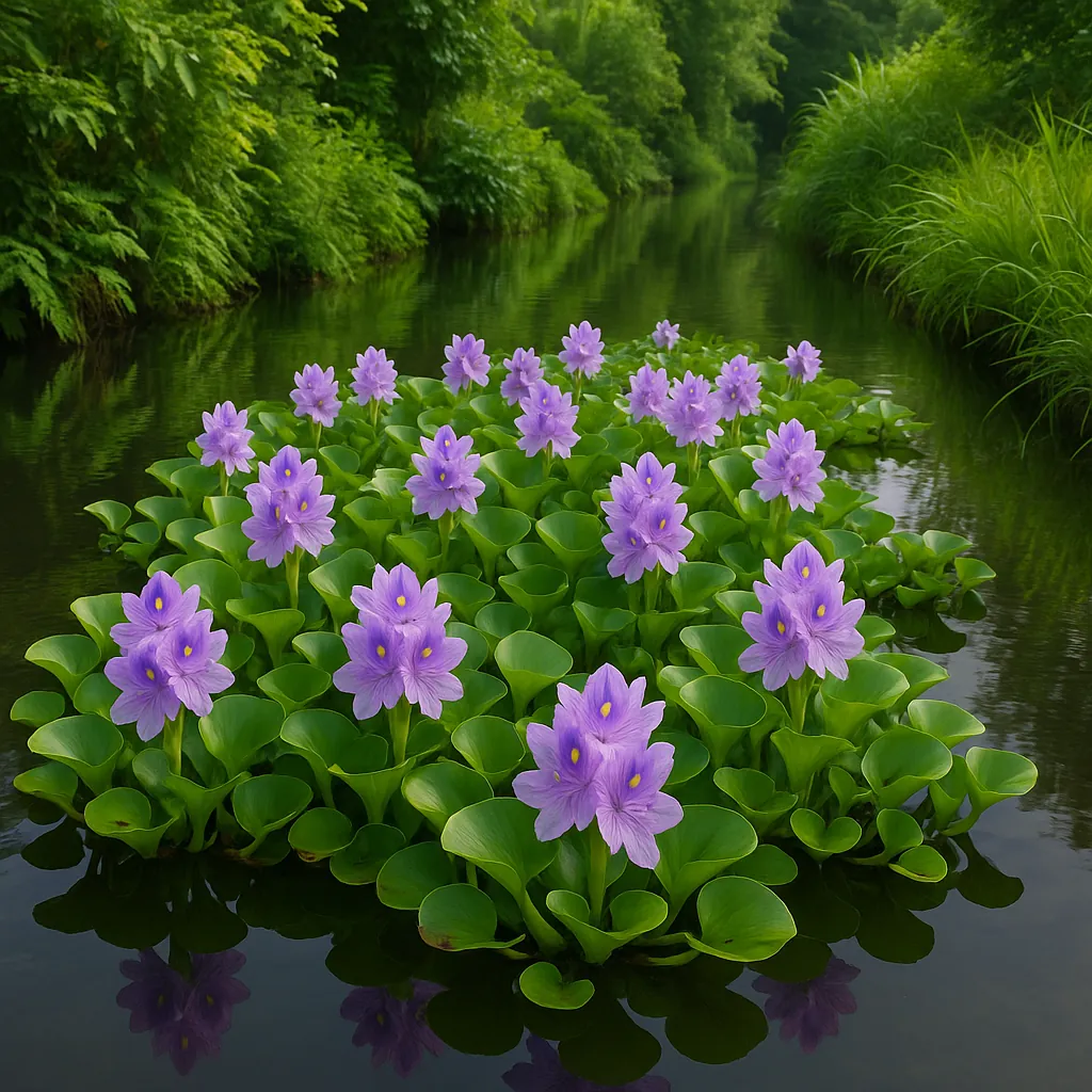 Enjoy assembling a puzzle depicting a tranquil river scene dotted with a cluster of vivid lavender-pink water blossoms floating on glossy green pads.