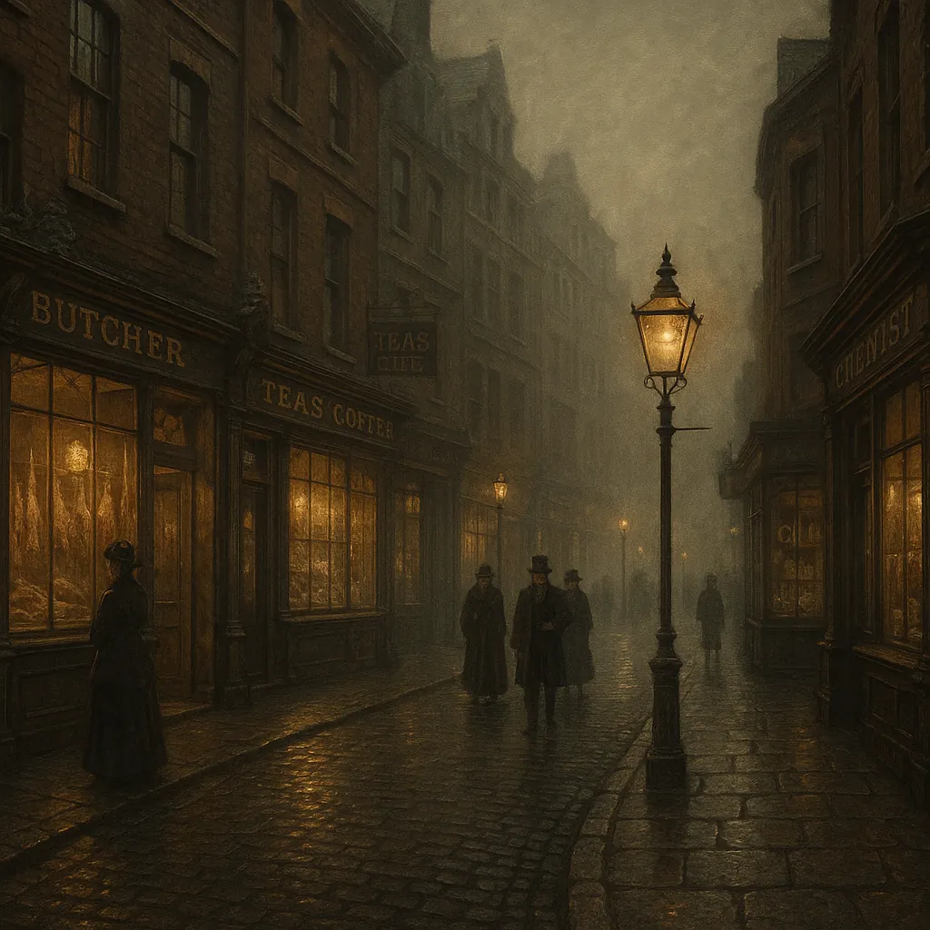 Discover a puzzle with a moody Victorian street scene bathed in warm amber light from gas lamps and shop windows.
