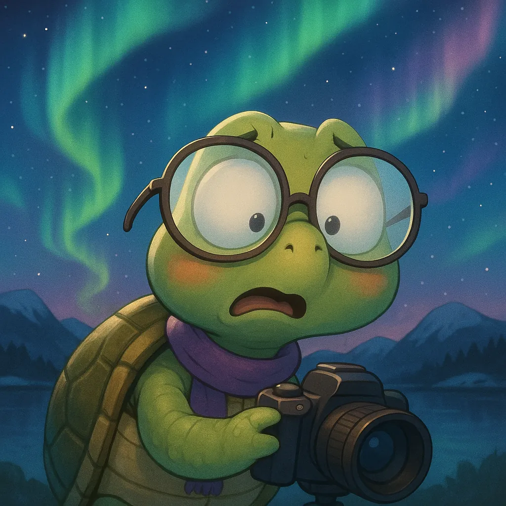 Discover a puzzle with an adorable wide-eyed turtle wearing round glasses and a purple scarf, clutching a camera beneath a shimmering aurora borealis.