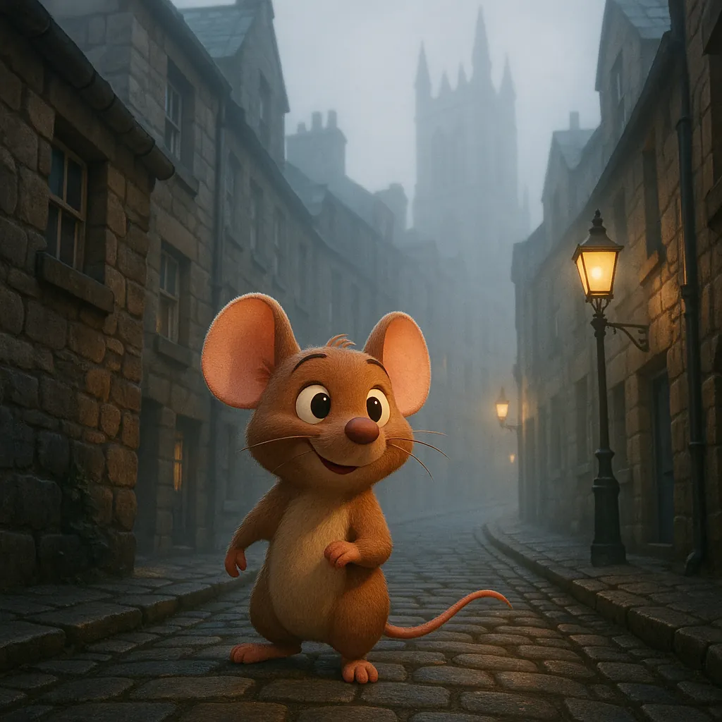 Discover a puzzle with a charming cartoon mouse exploring a foggy, cobblestone street lined with old stone buildings and warm lantern light.
