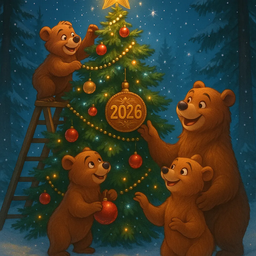 Enjoy assembling a puzzle depicting an adorable bear family decorating a glowing Christmas tree in a snowy forest at night.