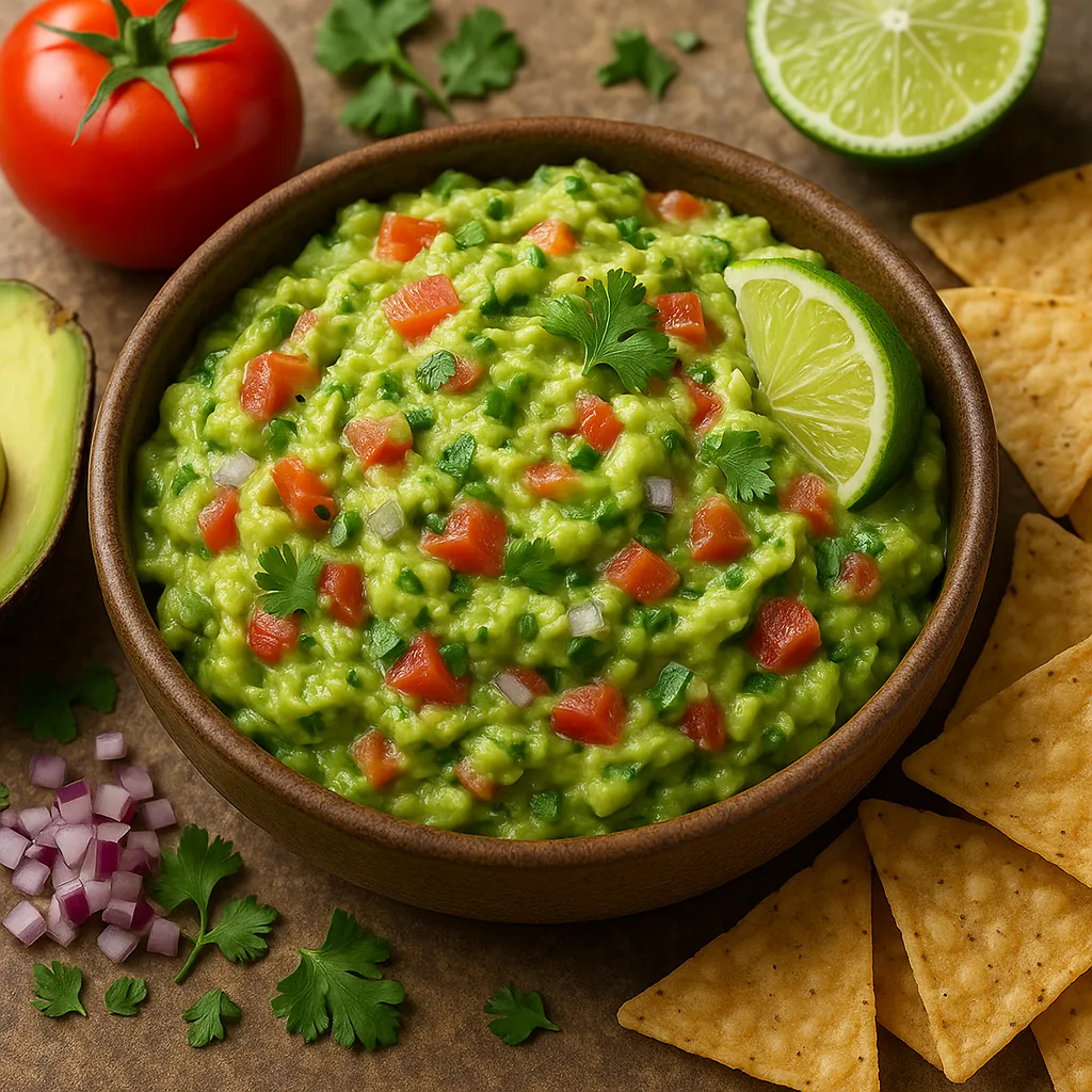 Enjoy assembling a puzzle depicting a vibrant bowl of fresh guacamole with chunky avocado, bright red tomato, green cilantro, diced onion, a lime wedge, and cri