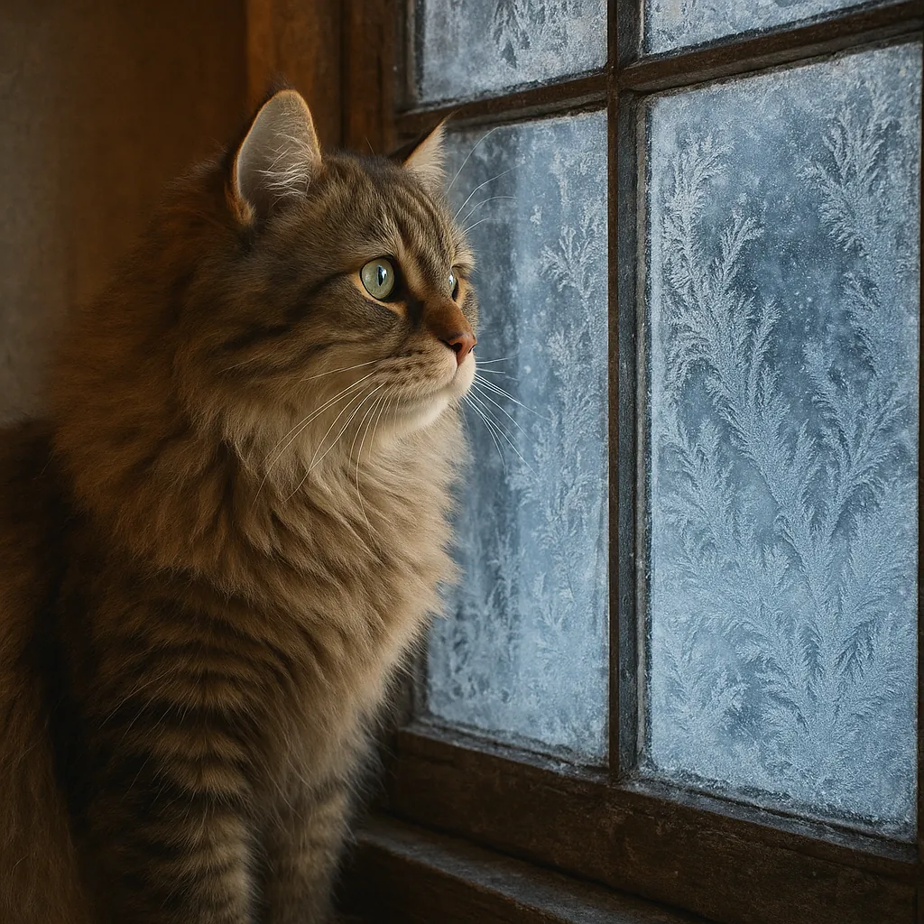 Discover a puzzle with a fluffy tabby cat gazing thoughtfully out at frosted windowpanes — warm golden-brown fur and bright green eyes contrast beautifully with