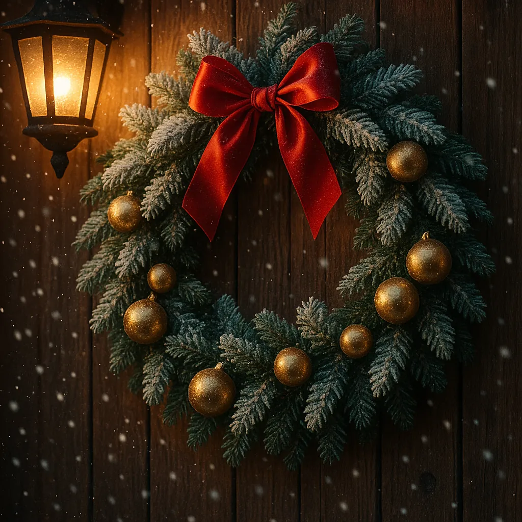 Enjoy an online jigsaw puzzle designed for browser play, featuring a festive holiday wreath hung against a wooden door.