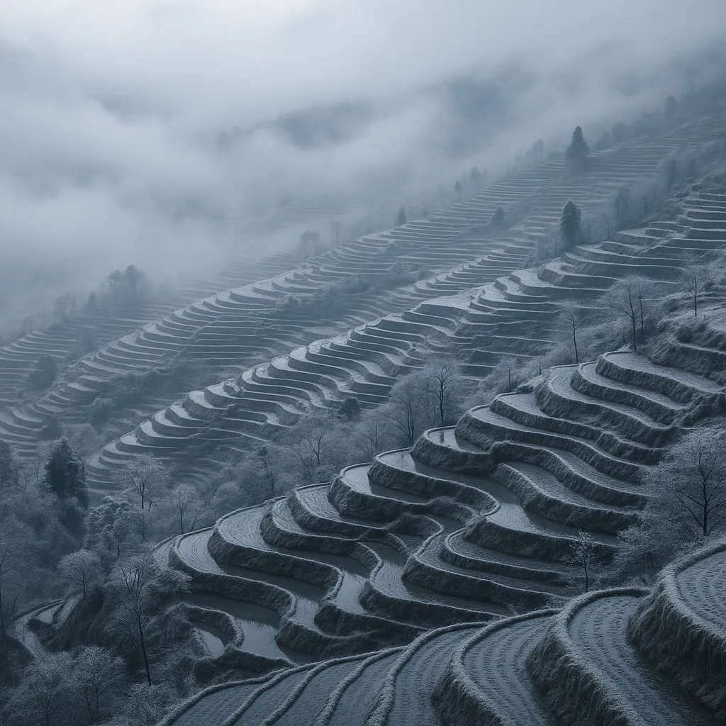 Discover a puzzle with misty mountain terraces carved into rolling hills — a serene scene of layered rice paddies veiled in cool blue-gray fog.