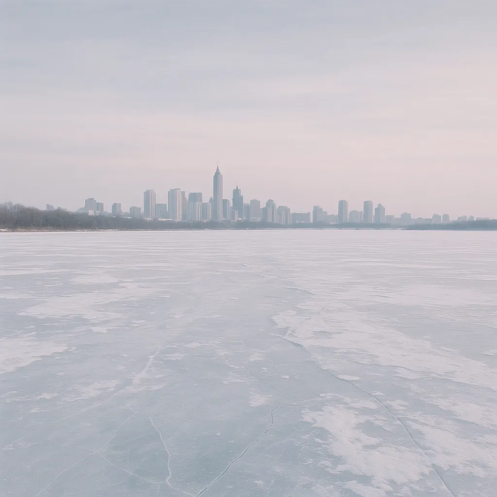 Discover a puzzle with a serene winter city skyline seen across a vast frozen lake, where soft pastel blues and pale pinks blend into a gentle, misty horizon.