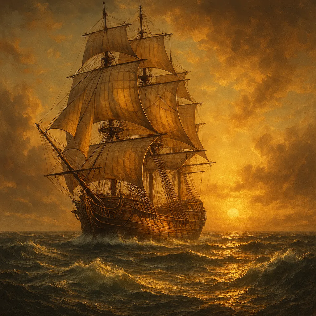 Discover a puzzle with a majestic tall ship sailing into a golden sunset, its billowing sails and intricate rigging bathed in warm amber light.