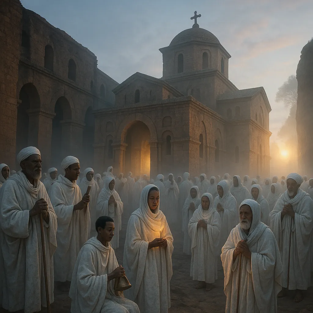 Discover a puzzle with a misty dawn scene of an ancient stone church courtyard, where a reverent crowd in white robes gathers beneath warm amber light spilling