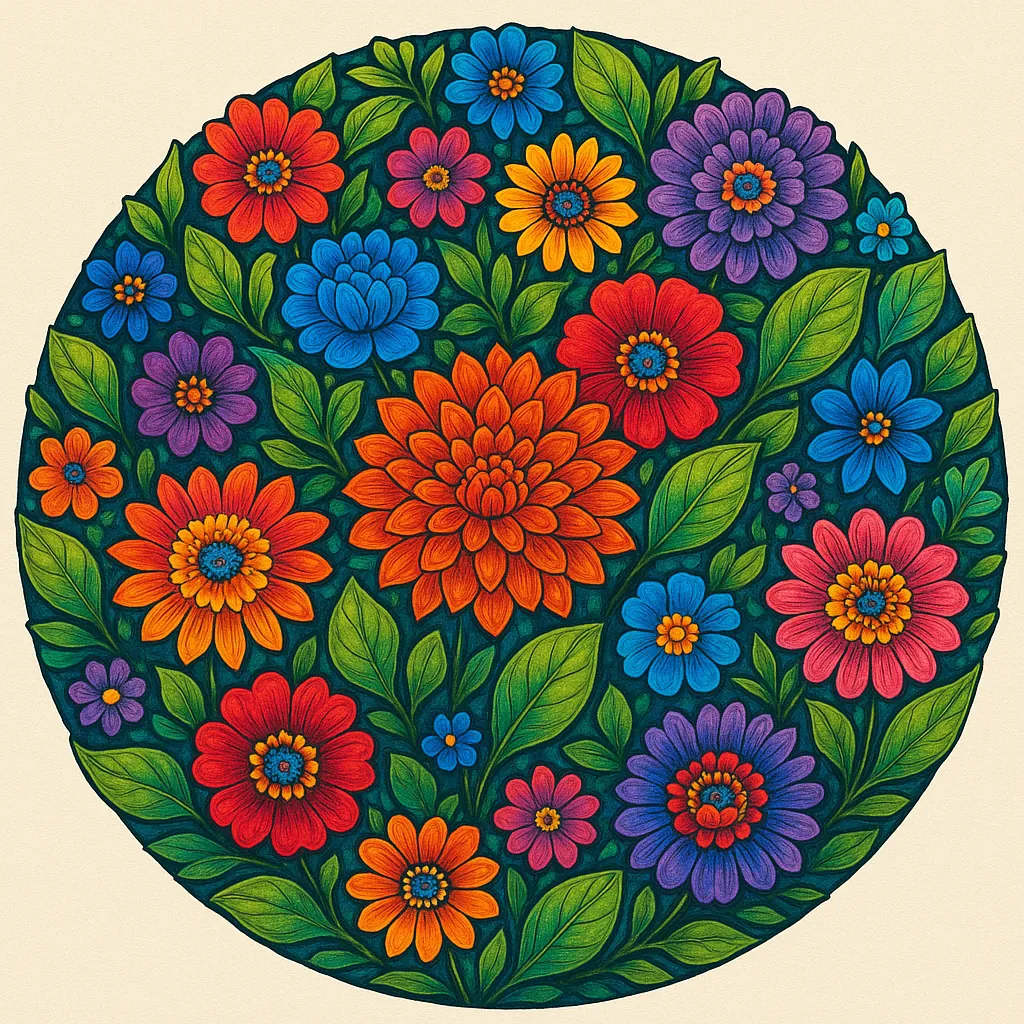 Enjoy an online jigsaw puzzle designed for browser play, featuring a vibrant floral mandala rich with colorful blossoms and leafy greenery.