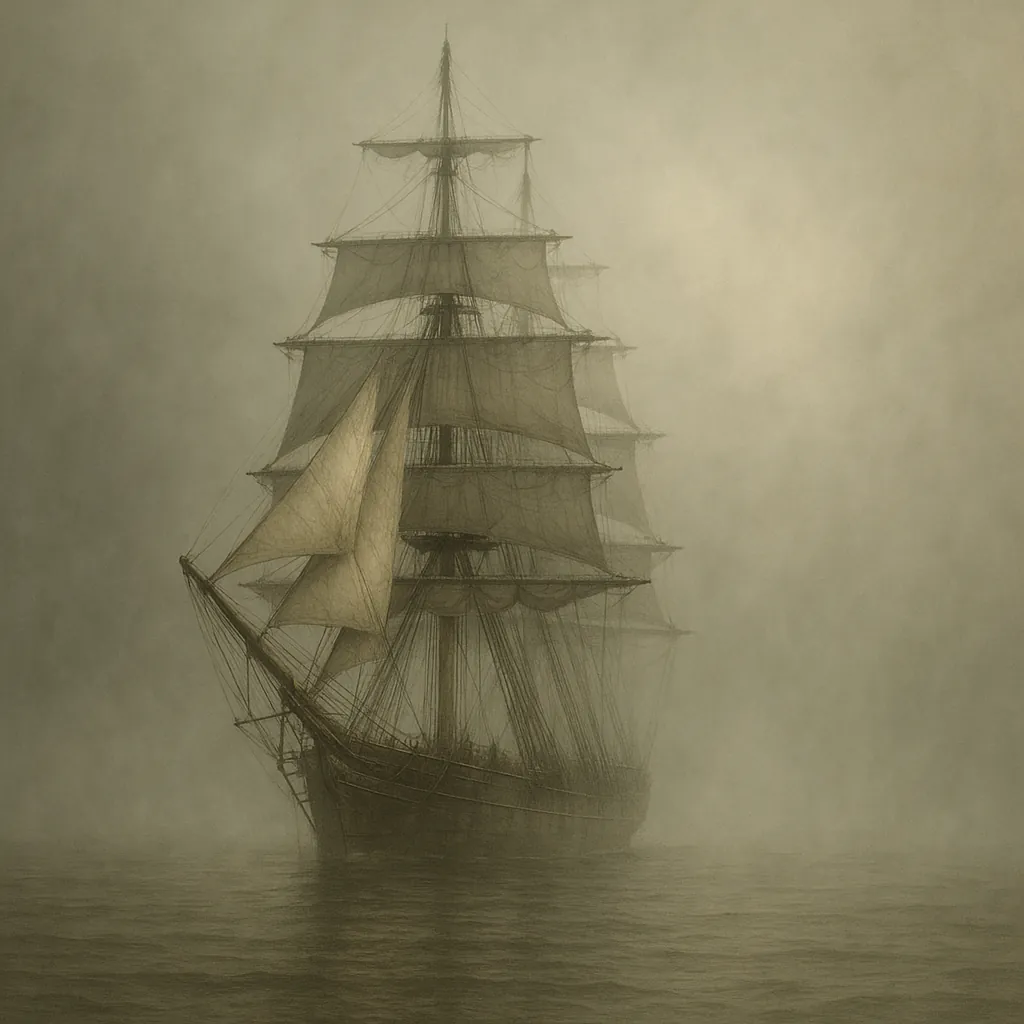 Discover a puzzle with a majestic vintage sailing ship emerging from soft, enveloping fog.