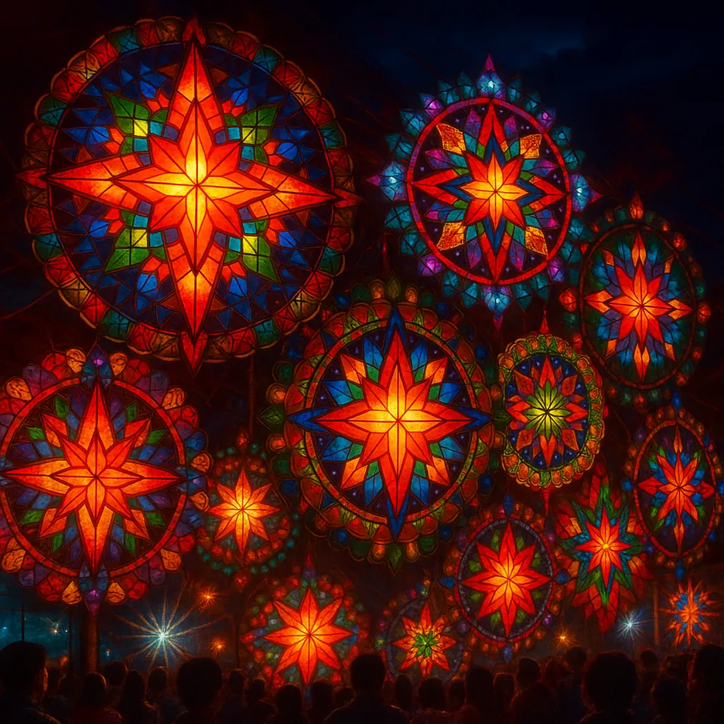 Discover a puzzle with glowing, star-shaped stained-glass lanterns suspended against a deep night sky, each circular mandala bursting in warm reds and oranges f
