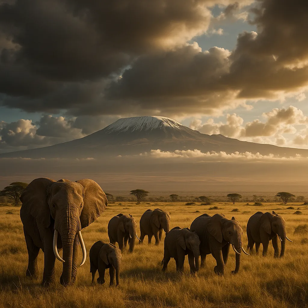 Discover a puzzle with a majestic herd of elephants strolling across golden savanna grasses under a dramatic sky, with a snow-capped mountain rising in the dist