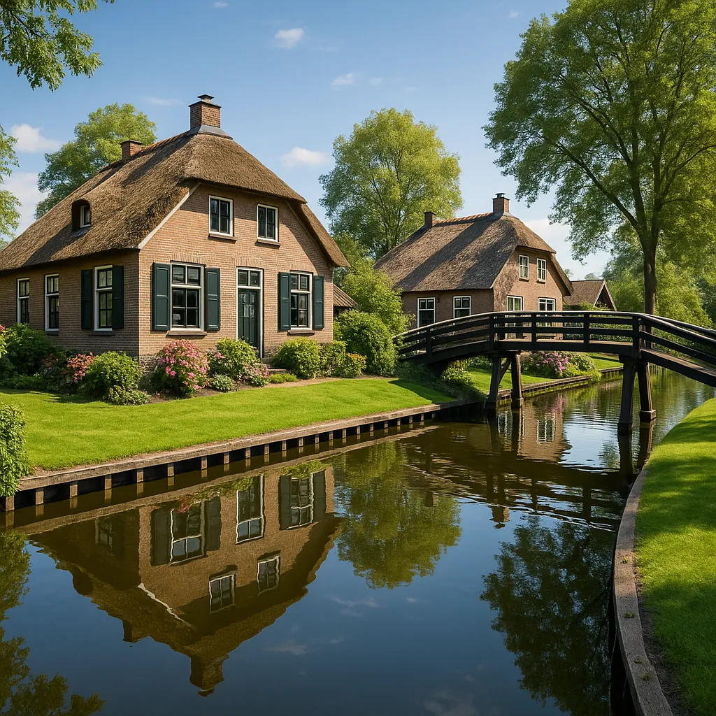 Discover a puzzle with a peaceful canal-side village scene on PuzzleFree.Game, featuring charming thatched-roof cottages and a graceful wooden bridge reflected