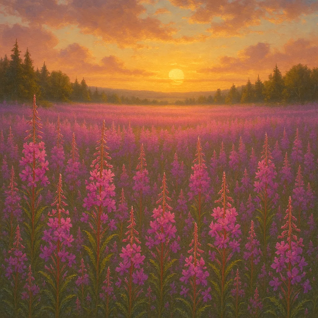 Discover a puzzle with a sunlit wildflower meadow at sunset, where tall purple-pink blooms stretch toward a warm golden sky and a distant tree-lined horizon.