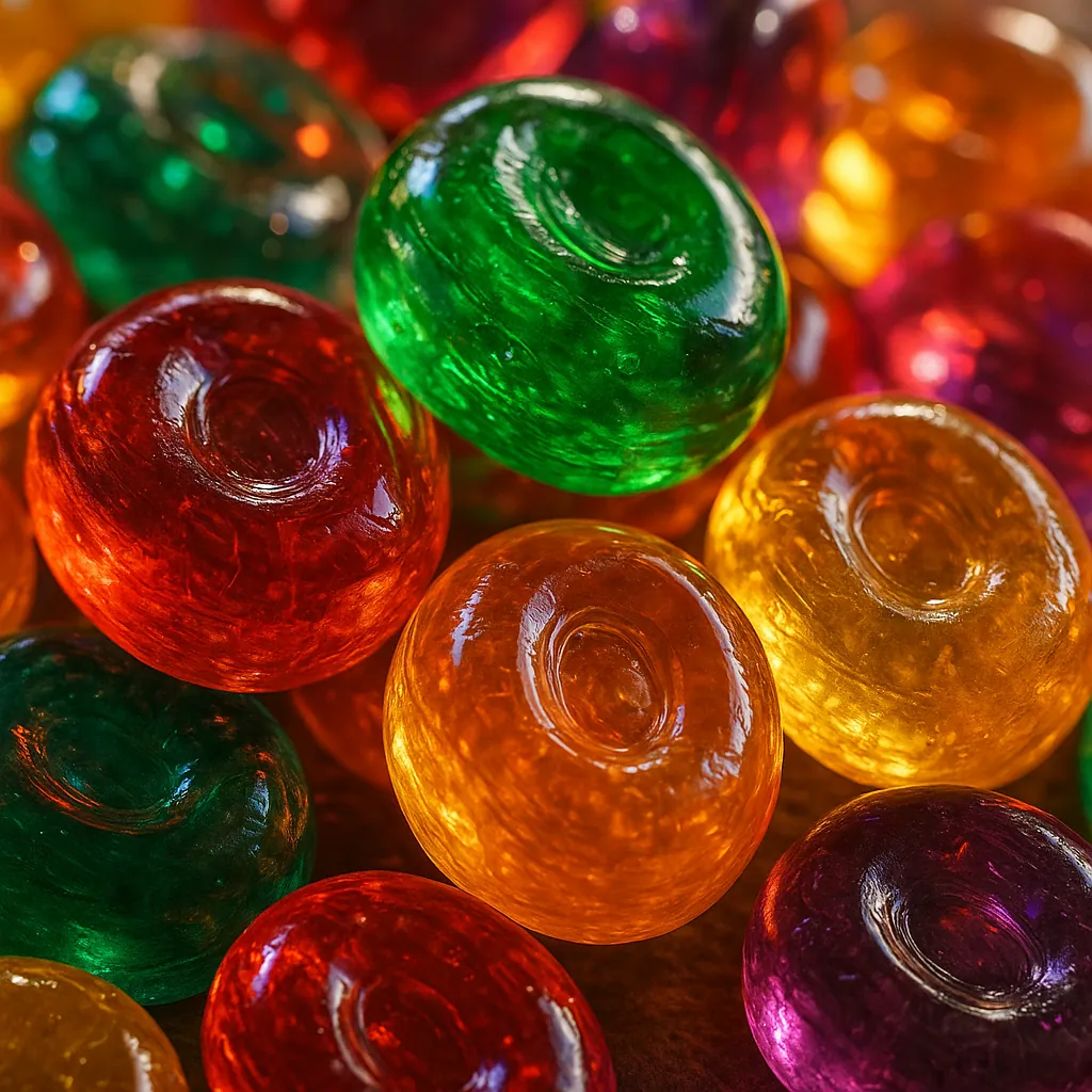 Enjoy an online jigsaw puzzle designed for browser play, featuring a close-up of glossy, colorful candies and a sweet food theme.