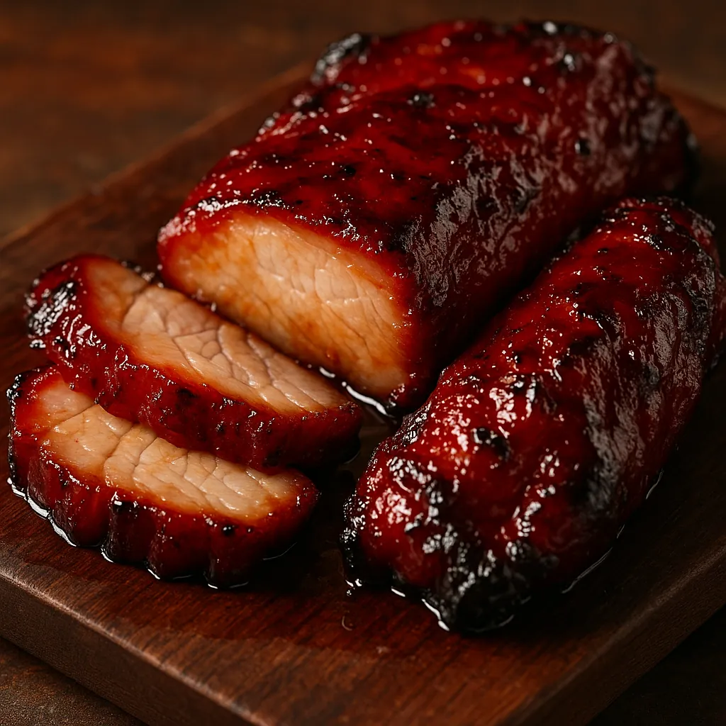 Enjoy an online jigsaw puzzle designed for browser play, featuring a close-up of glossy, barbecued pork on a wooden cutting board — a delicious food scene that