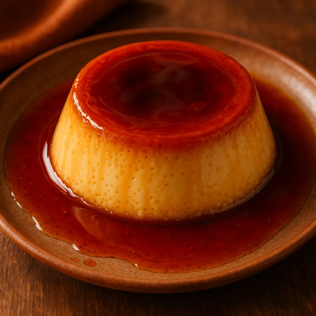 Enjoy assembling a puzzle depicting a glossy caramel flan on a rustic plate, with creamy golden custard and deep amber syrup pooling around its base.