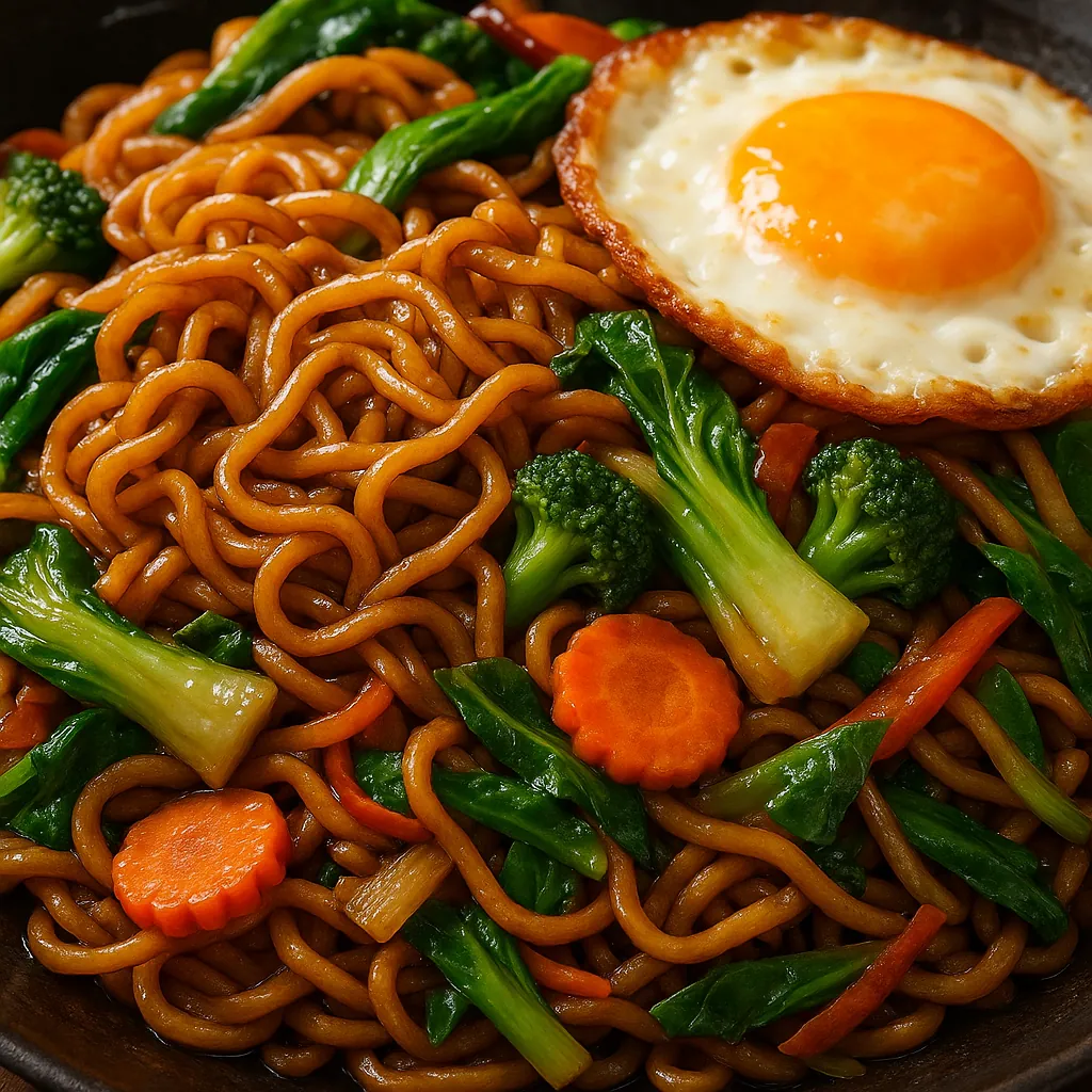 Enjoy assembling a puzzle depicting a close-up of savory stir-fried noodles topped with a golden fried egg and bright vegetables.