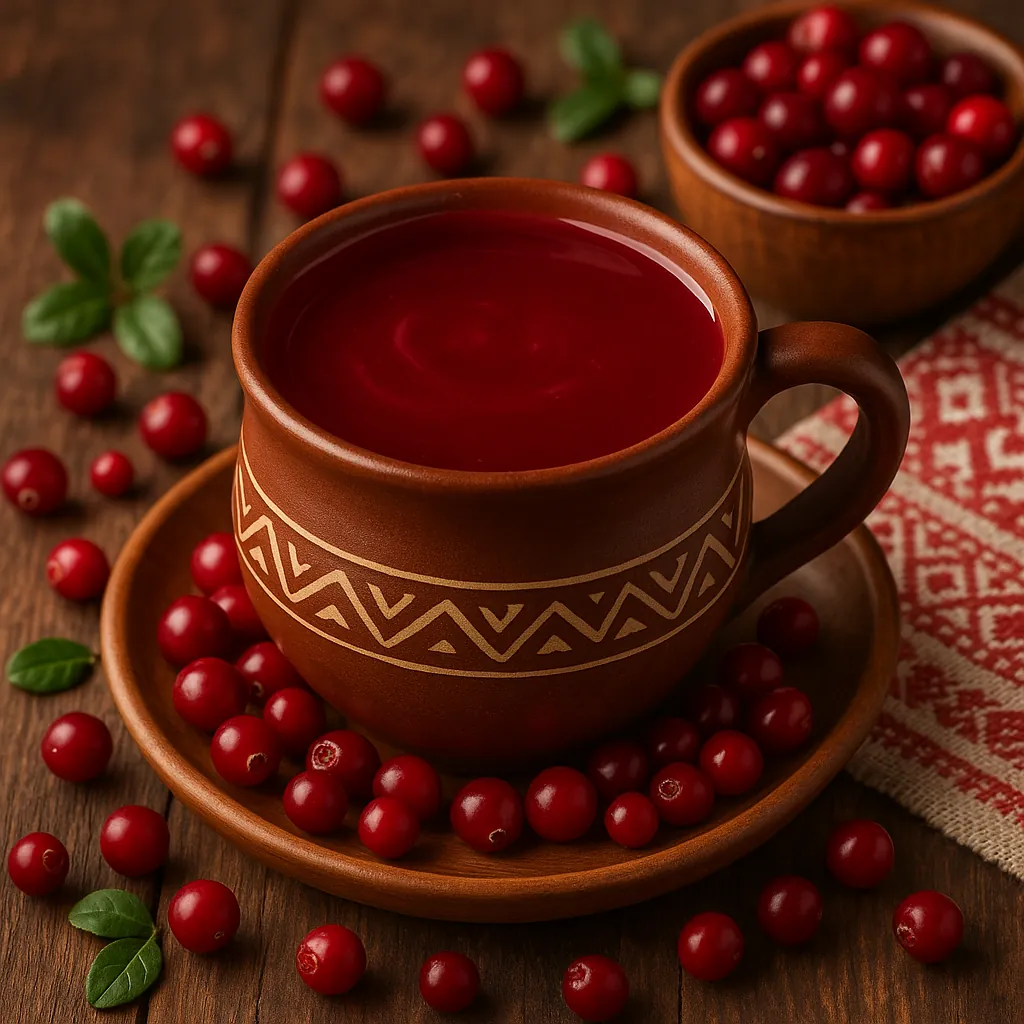 Try solving a puzzle that shows a rustic brown ceramic mug filled with deep red cranberry drink, surrounded by glossy cranberries and a few green leaves on a wa