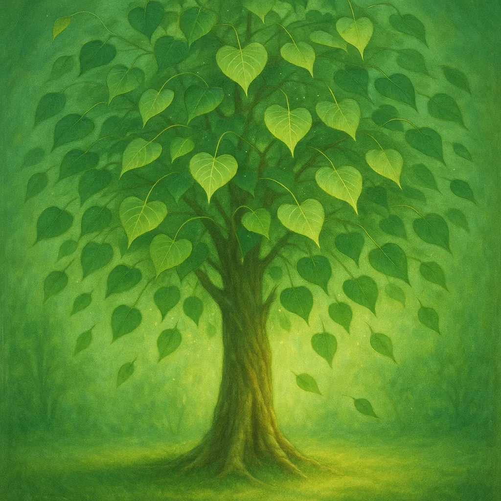 Discover a puzzle with a luminous, heart-leafed tree set against a soft, green mist—an inviting scene of layered emeralds and gentle gold highlights.