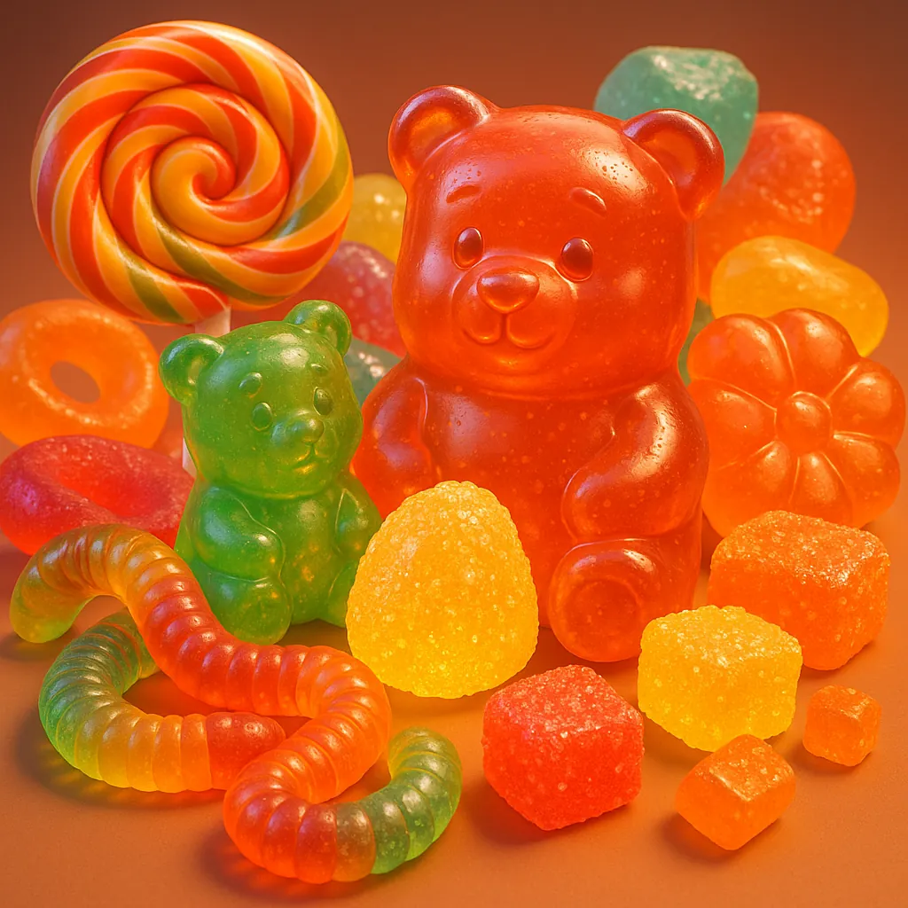 This online jigsaw puzzle features a bright assortment of candy and sweets, perfect for a browser-friendly play session focused on food and colorful treats.