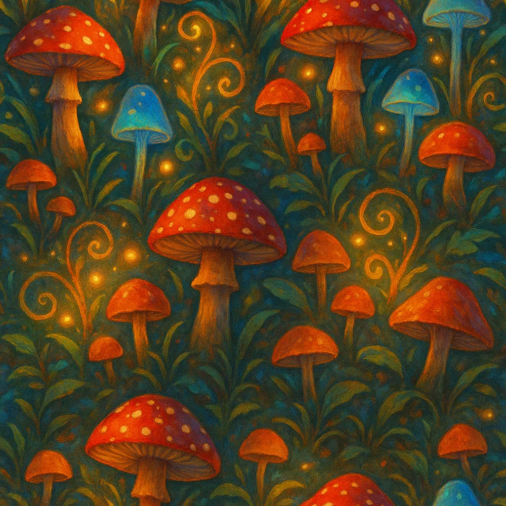 Discover a puzzle with a whimsical forest floor scattered with charming red and blue toadstools, their caps dotted with soft spots and surrounded by curling fer