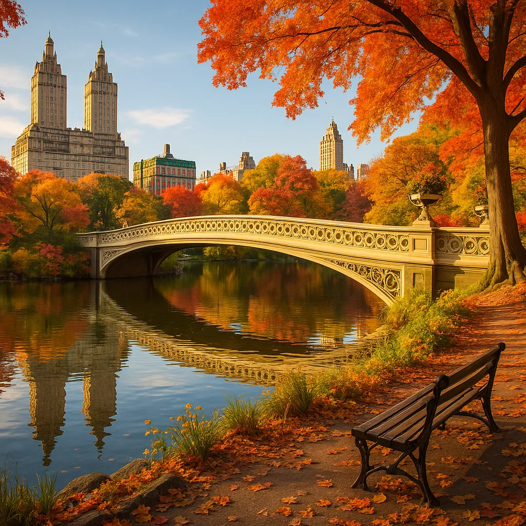 Discover a puzzle with a golden autumn scene: an ornate stone bridge arcing over a glassy river, surrounded by vibrant orange, red, and yellow foliage and a dis