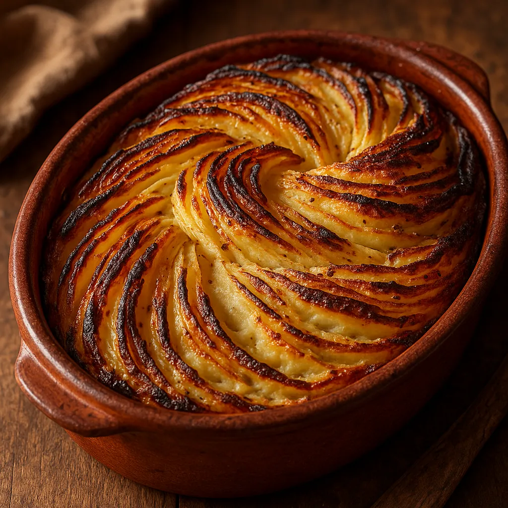 Enjoy assembling a puzzle depicting a golden, spiral-topped potato gratin in a rustic ceramic dish.