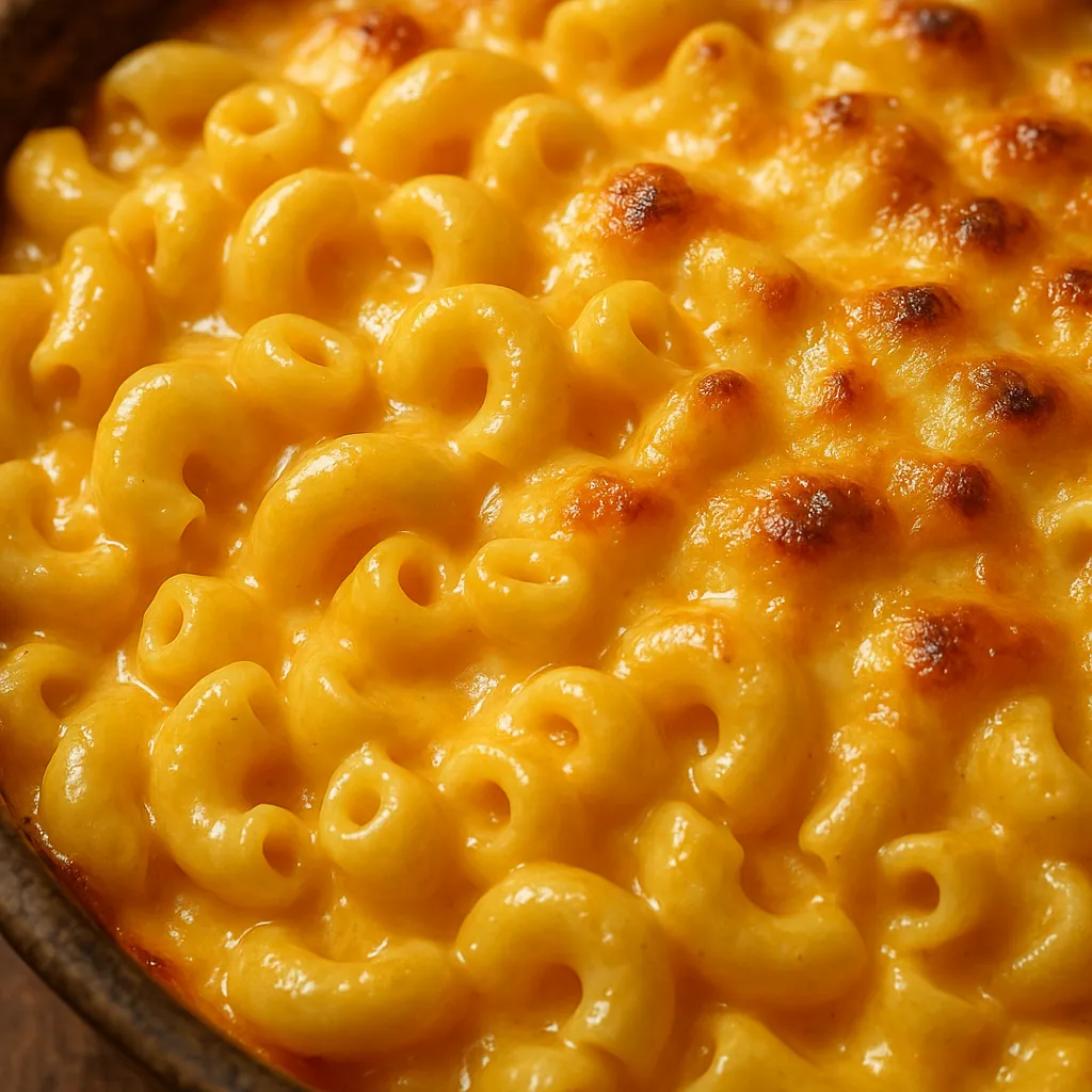 We invite you to assemble a puzzle featuring a close-up view of creamy, golden macaroni and cheese with perfectly baked, bubbly cheese and warm, browned spots.