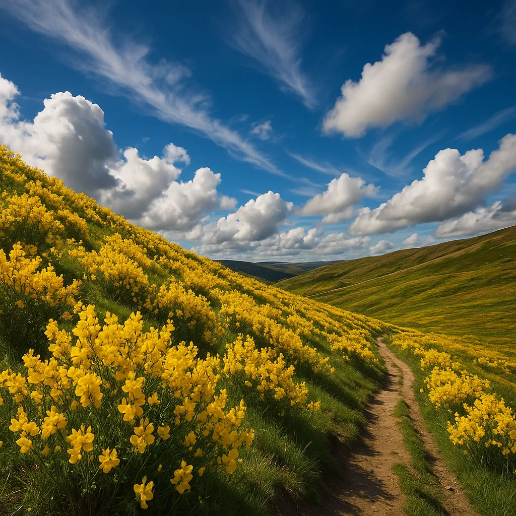 Discover a puzzle with rolling green hills carpeted in bright yellow wildflowers beneath a vivid blue sky dotted with soft, white clouds.