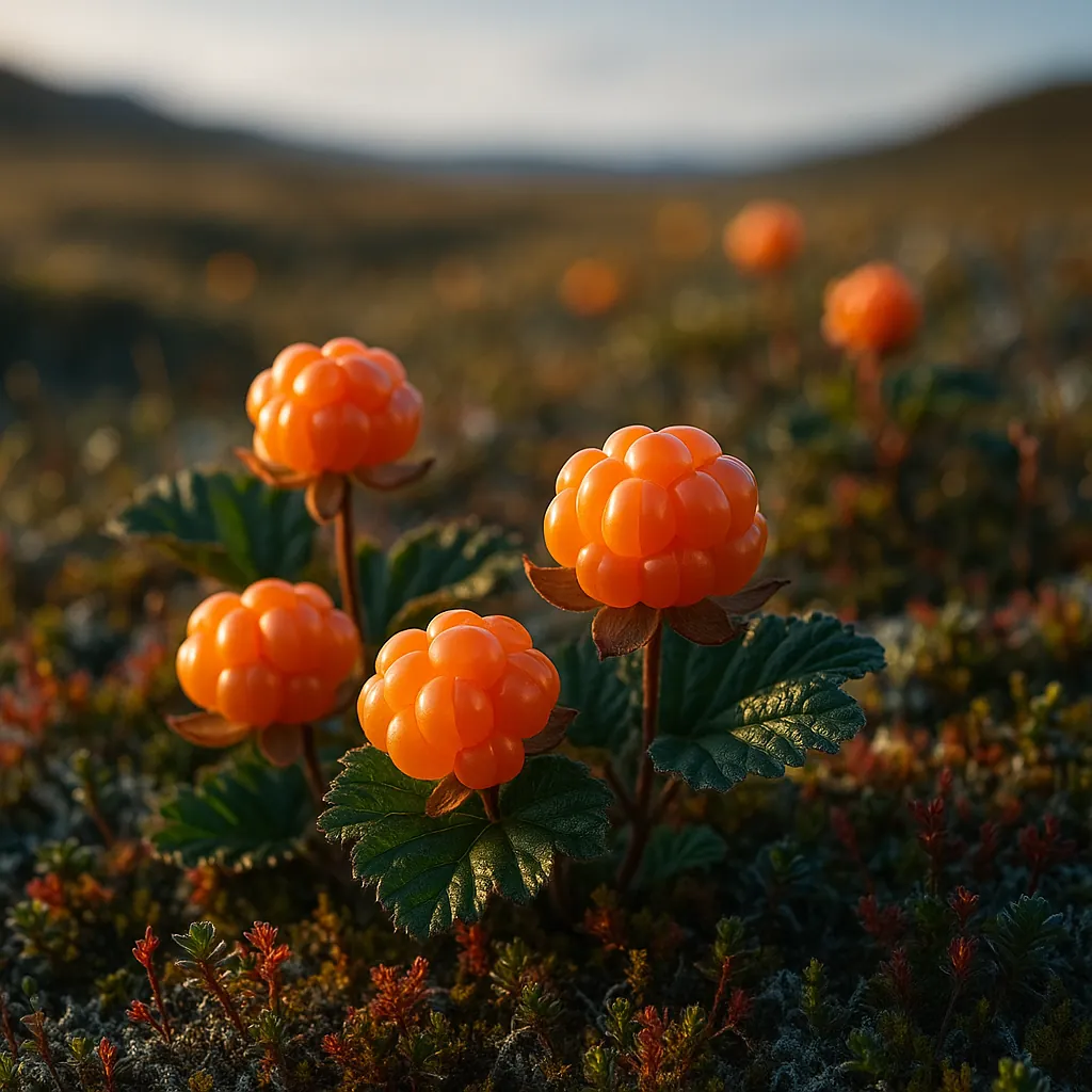 Discover a puzzle with a close-up of ripe orange cloudberries resting on glossy green leaves in a soft, golden tundra light.