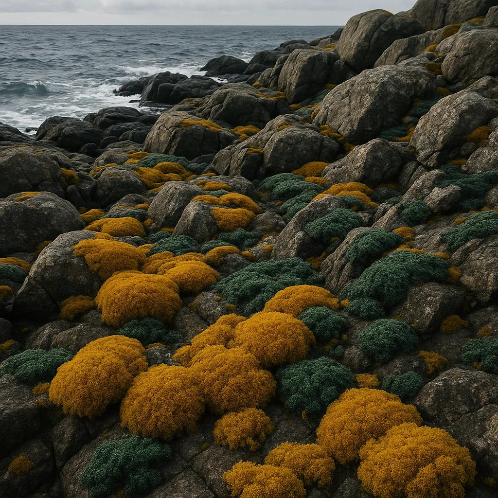 Try solving a puzzle that shows a rugged coastal scene with smooth grey rocks and rounded clumps of moss in warm mustard yellow and deep green spilling toward a
