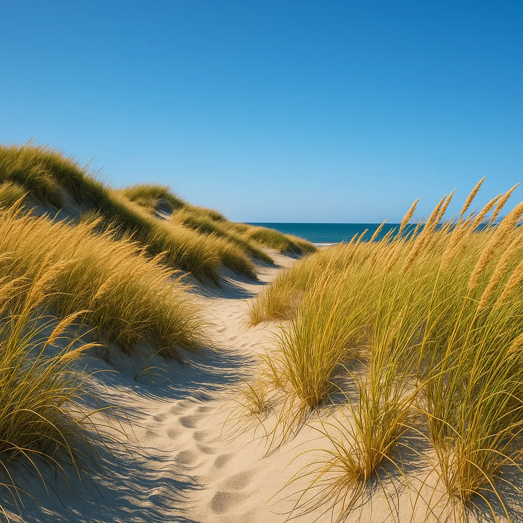 Discover a puzzle with a sunlit sandy path winding through golden dune grasses toward a calm blue sea under a clear sky.