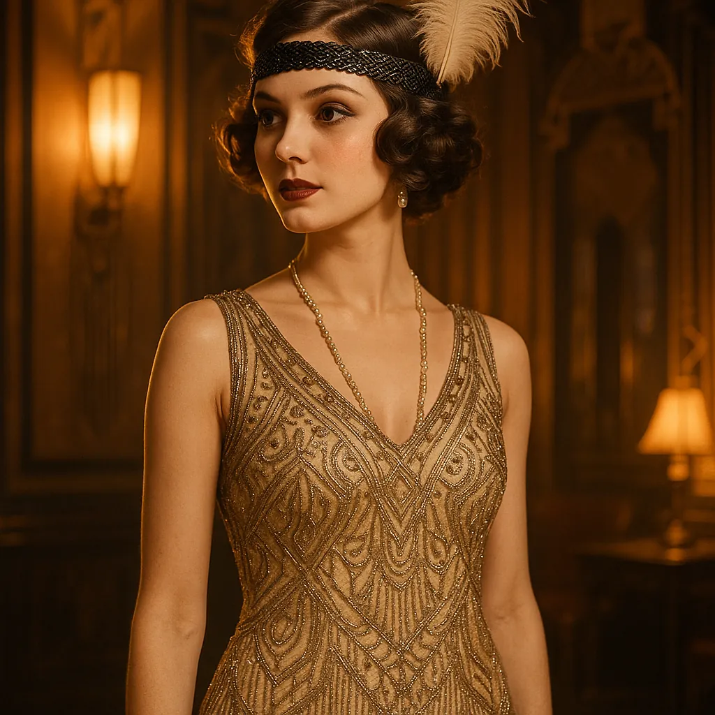 Enjoy assembling a puzzle depicting a graceful 1920s flapper in a beaded gold dress and feathered headband, set against a warm, wood-paneled interior lit by sof