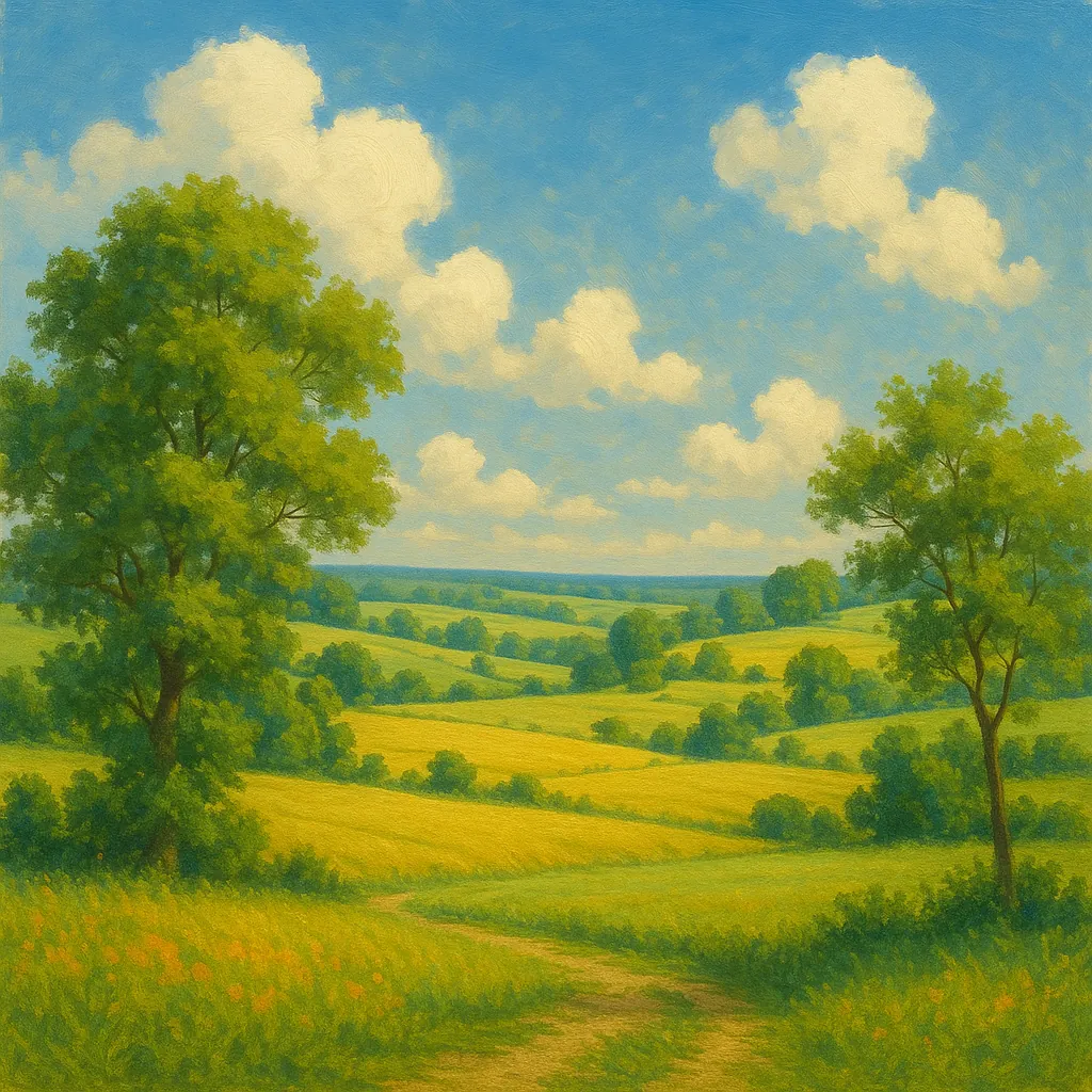 Discover a puzzle with a sunlit countryside landscape showing gently rolling green and golden fields under a bright blue sky dotted with fluffy white clouds.
