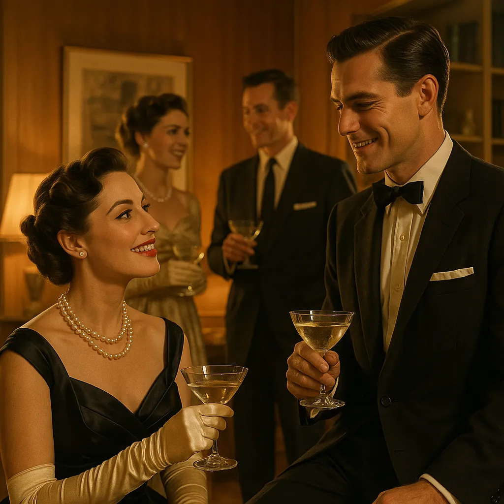 Discover a puzzle with an elegant vintage cocktail party scene: well-dressed guests in tuxedos and satin gowns raise champagne coupes under warm, amber lighting