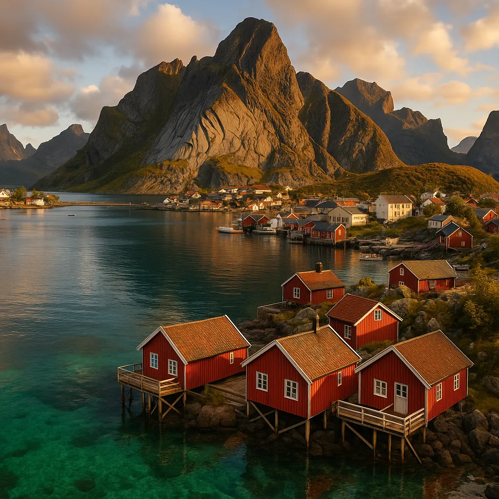 Discover a puzzle with a tranquil fjord scene featuring classic red seaside cabins on stilts, clear emerald water, and dramatic granite mountains lit by warm go