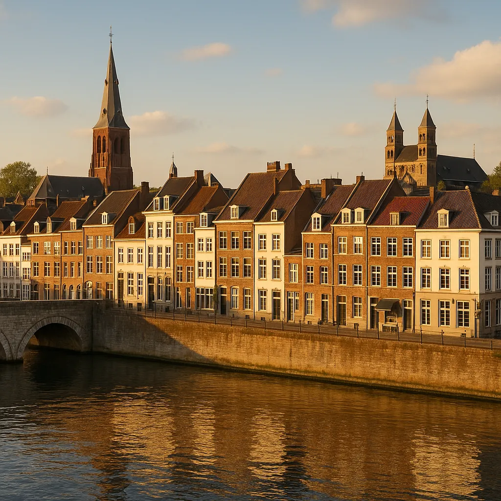 Discover a puzzle with a sunlit riverside scene of historic European townhouses and church spires reflected in calm water.