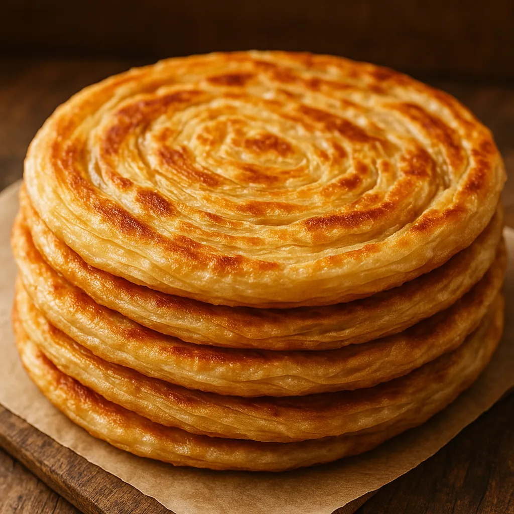 Discover a puzzle with a close-up stack of golden, spiral flatbreads showing crisp, flaky layers and warm, caramelized highlights against a rustic wooden backgr