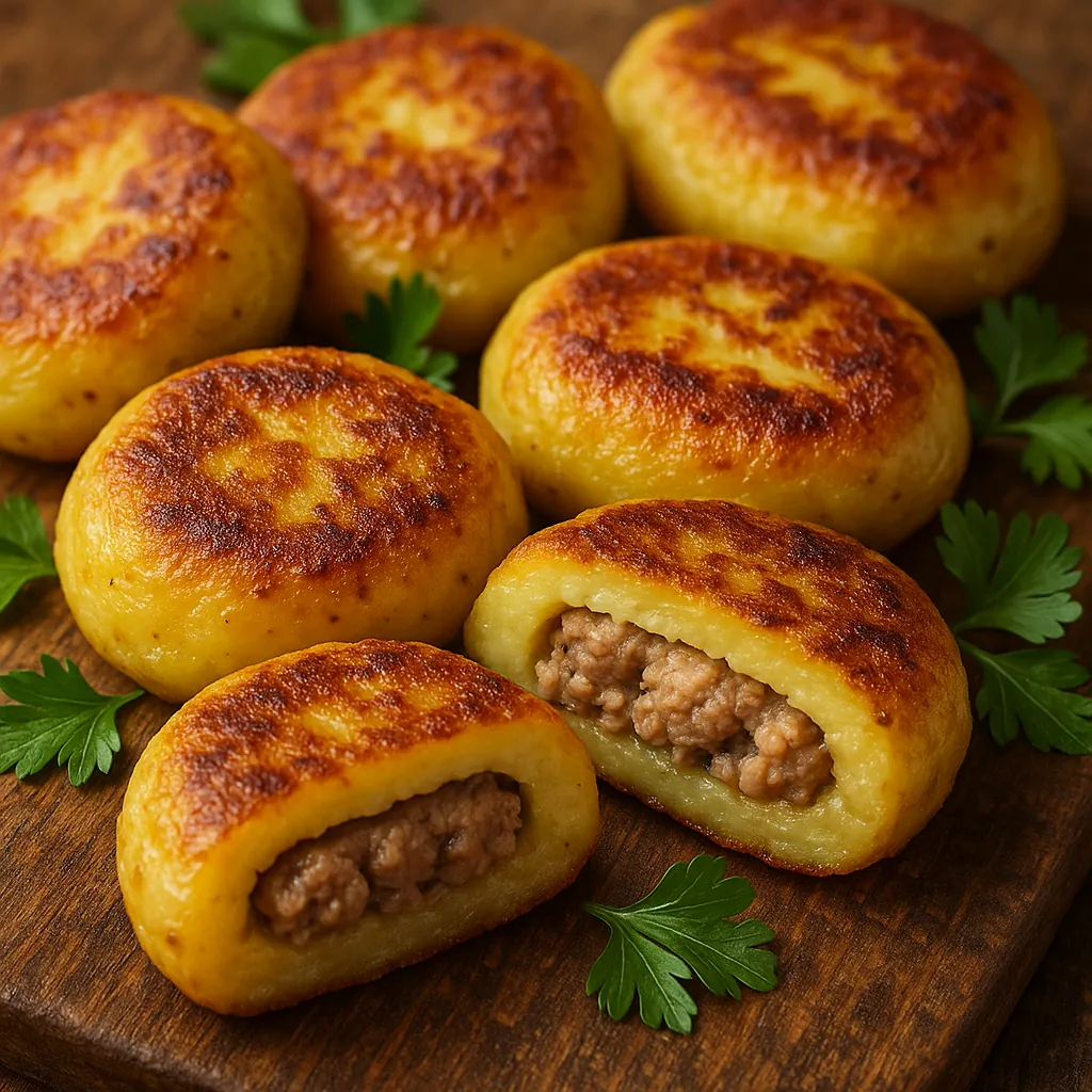 Discover a puzzle with golden, pan-fried potato cakes stuffed with savory meat, arranged on a warm wooden board and garnished with bright green parsley.
