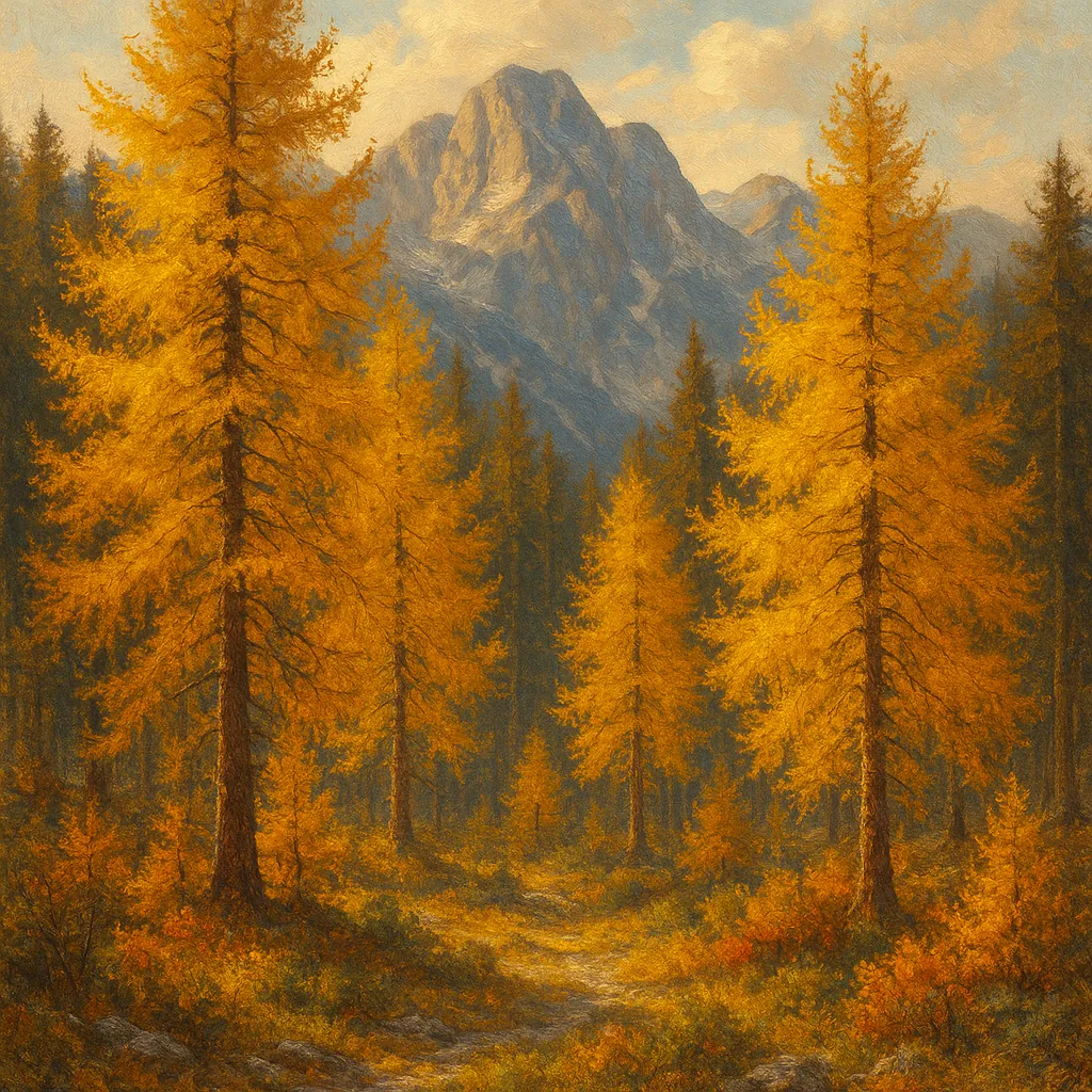Discover a puzzle with a serene autumn mountain scene perfect for PuzzleFree.Game: golden larch trees stand tall in the foreground, their warm amber and ochre f