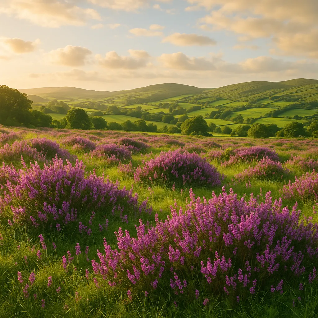 Discover a puzzle with a sunlit meadow of purple heather spilling across gently rolling green hills under a warm, golden sky.