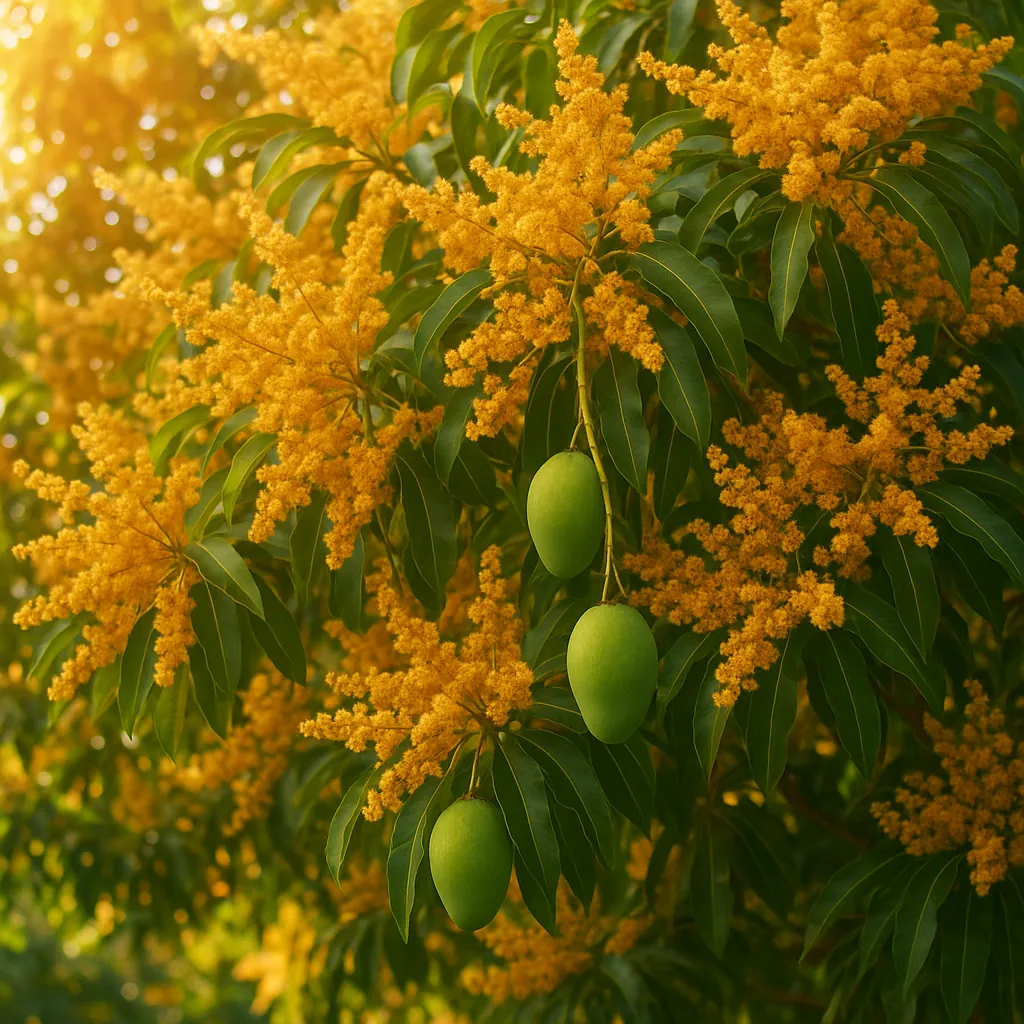 Discover a puzzle with a sunlit tropical scene of three green mangoes hanging among glossy deep-green leaves and a cloud of warm, golden-yellow blossoms.